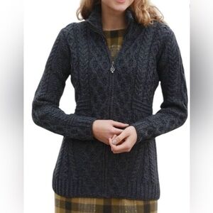 Inis Crafts - 100% Merino Irish Wool Zip Cable Gray Hooded Fisherman Sweater